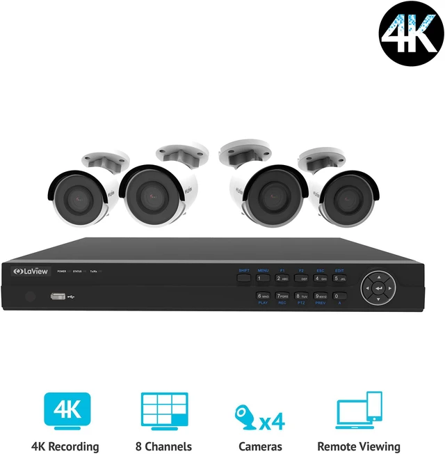 Alt view image 2 of 3 - LaView 4K UltraHD (3840 x 2160P) Full PoE IP Camera Security System, 8-channel H.265 NVR w/ UHD 4K Output, 4 x 4K UltraHD Bullet Full HD In / Outdoor IP Cameras (No HDD Included, Sold Separately)