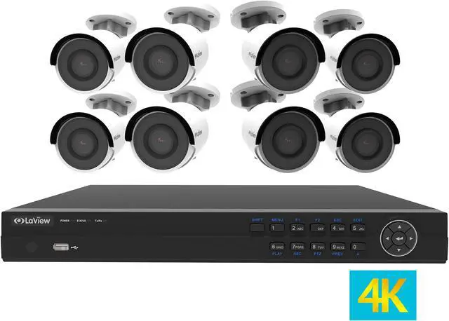 Main image of LaView 4K UltraHD (3840 x 2160P) Full PoE IP Camera Security System, 16-channel H.265 NVR w/ UHD 4K Output, 8 x 4K UltraHD Bullet Full HD In / Outdoor IP Cameras (No HDD Included, Sold Separately)