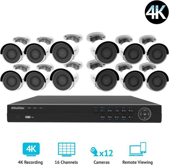 Alt view image 2 of 3 - LaView 4K UltraHD (3840 x 2160P) Full PoE IP Camera Security System, 16-channel H.265 NVR w/ UHD 4K Output, 12 x 4K UltraHD Bullet Full HD In / Outdoor IP Cameras (No HDD Included, Sold Separately)