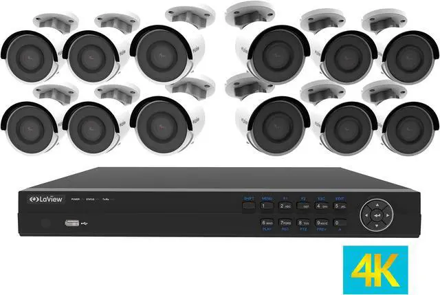 Main image of LaView 4K UltraHD (3840 x 2160P) Full PoE IP Camera Security System, 16-channel H.265 NVR w/ UHD 4K Output, 12 x 4K UltraHD Bullet Full HD In / Outdoor IP Cameras (No HDD Included, Sold Separately)