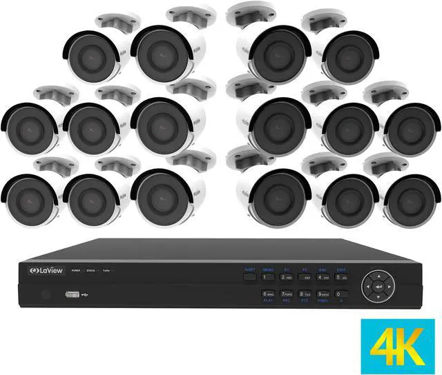 Main image of LaView 4K UltraHD (3840 x 2160P) Full PoE IP Camera Security System, 16-channel H.265 NVR w/ UHD 4K Output, 16 x 4K UltraHD Bullet Full HD In / Outdoor IP Cameras (No HDD Included, Sold Separately)