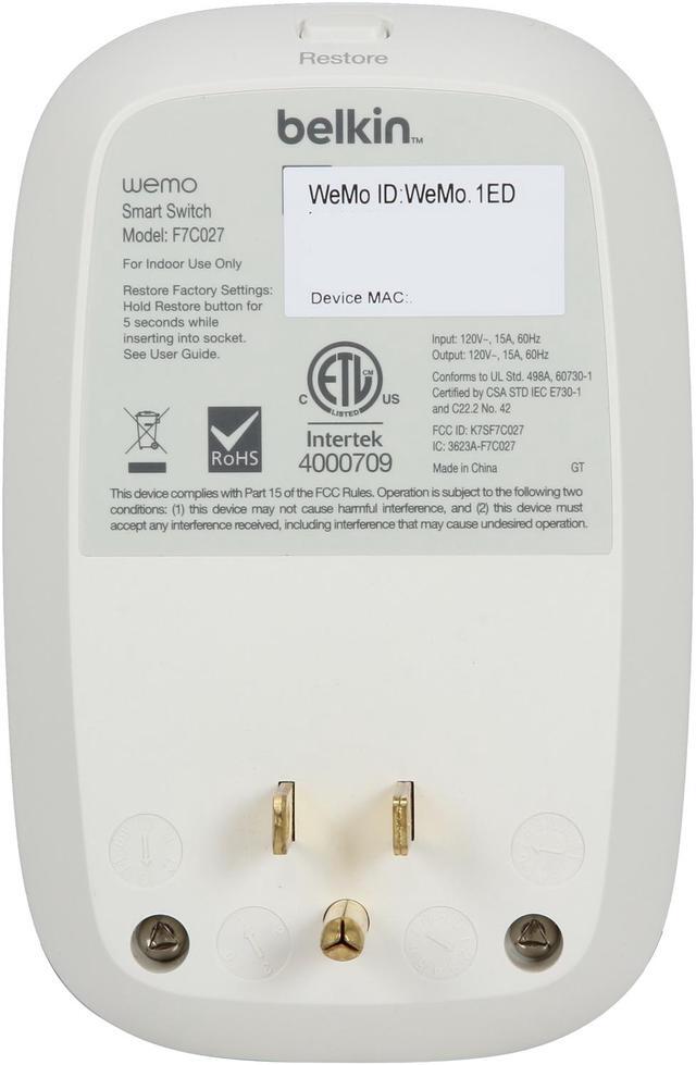Alt view image 5 of 5 - Belkin F7C027fc WeMo Switch, Operates over Wi-Fi/mobile internet, turn electronics on or off