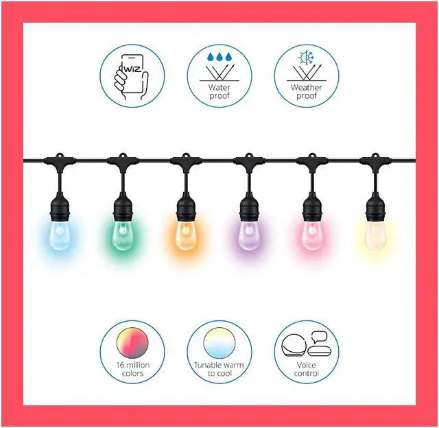 Alt view image 4 of 10 - WiZ Connected 48ft/15M Outdoor WiFi Color String Lights, 16 Million Colors, Adapter Included, Smart Control with Wiz App, Compatible with Alexa, Google Assistant, and Siri Shortcuts, No Hub Required