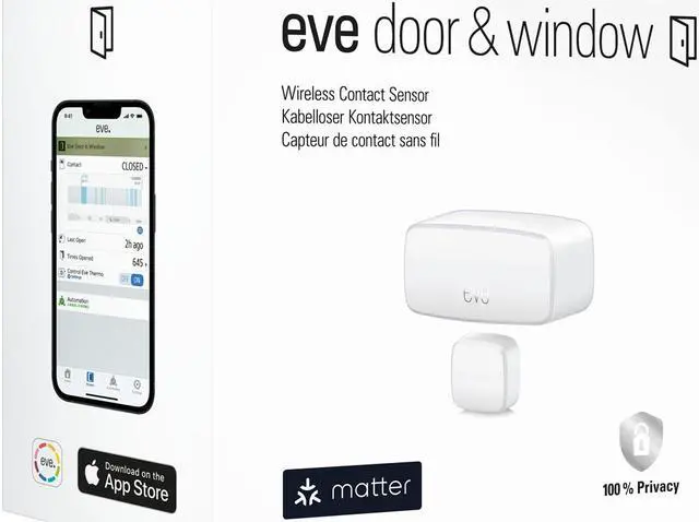 Main image of Eve Door & Window (Matter) – Smart contact sensor for doors & windows, open/closed state,  automatic control of accessories, notifications, Thread