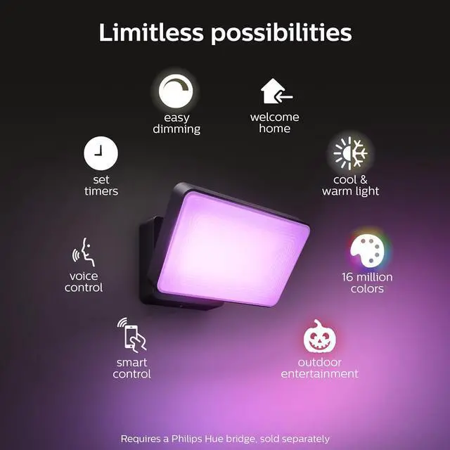 Alt view image 3 of 4 - Philips Hue Discover Outdoor Smart Flood Light Fixture, Black - 15W, White and Color Ambiance LED Color-Changing Light - 1 Pack - Requires Hue Bridge - Control with Hue App and Voice - Weatherproof