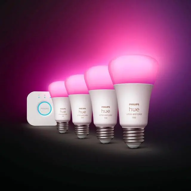 Alt view image 3 of 6 - Philips Hue A19 LED Color Smart Bulb Starter Kit (75W 2021 Version), Compatible with Alexa, Apple HomeKit & Google Assistant, White and Color Ambiance (16 Million Colors), 4 Bulbs