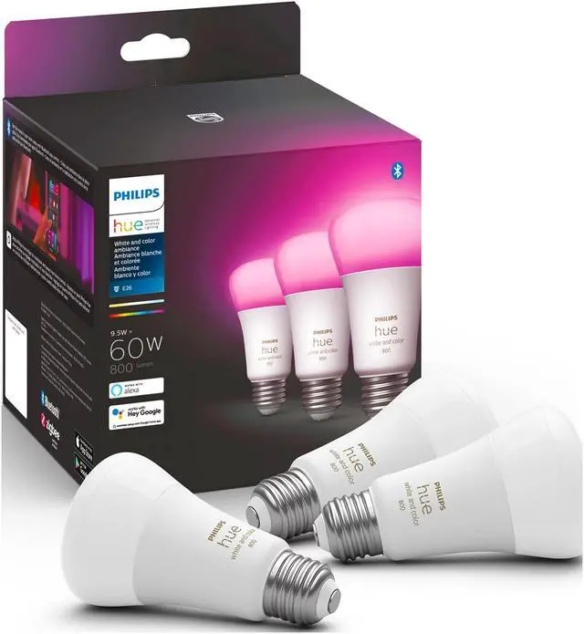 Alt view image 3 of 10 - Philips Hue A19 LED Smart Light Bulb - White and Color Ambiance - 60W Indoor Light Bulb - Control with Hue App - Works with Alexa, Google Assistant and Apple Homekit - 3 Pack