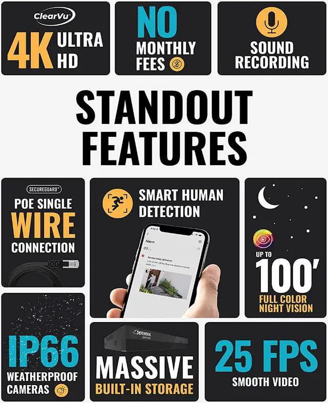 Alt view image 9 of 9 - Defender Sentinel 4K Ultra HD POE Wired NVR Security System with 8 Cameras, Color Night Vision, Smart Human Detection & Mobile App