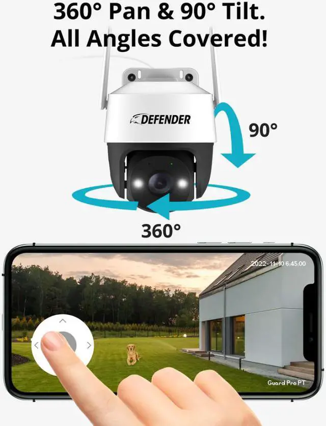 Alt view image 2 of 10 - Defender  Guard Pro PTZ 2K QHD WiFi Plug-In Power Security Camera, Motion Tracking, Color Night Vision, Human Detection, Audio, 2-way Talk (3-Pack)