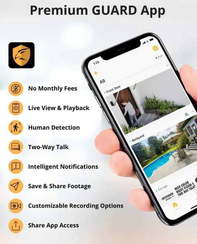Alt view image 8 of 10 - Defender  Guard Pro PTZ 2K QHD WiFi Plug-In Power Security Camera, Motion Tracking, Color Night Vision, Human Detection, Audio, 2-way Talk (3-Pack)