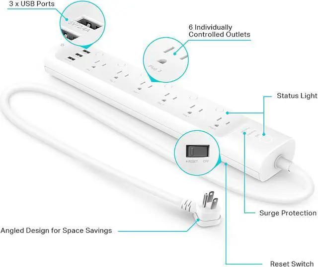 Alt view image 7 of 10 - Kasa Smart Plug Power Strip HS300, Surge Protector with 6 Individually Controlled Smart Outlets and 3 USB Ports, Works with Alexa & Google Home, No Hub Required