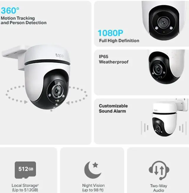 Alt view image 3 of 6 - Tapo 1080P Outdoor Wired Pan/Tilt Security Wi-Fi Camera, 360° View, Motion Tracking, Works with Alexa & Google Home, Night Vision, Free AI Detection, Cloud & SD Card Storage(up to 512GB) (Tapo C500)