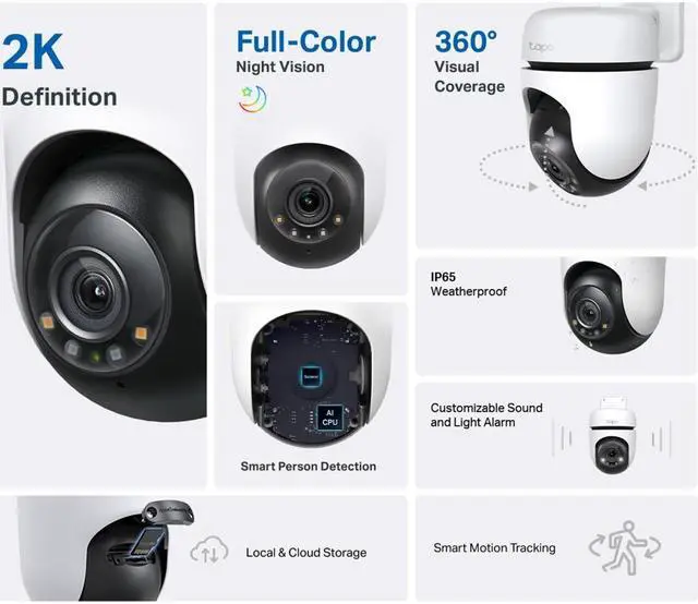 Alt view image 2 of 10 - TP-Link Tapo 2K Outdoor Pan/Tilt Security Wi-Fi Camera, 360° View, Motion Tracking, Compatible with Alexa & Google Home, Night Vision, Free AI Detection, Up to 512GB Storage (Tapo C510W)