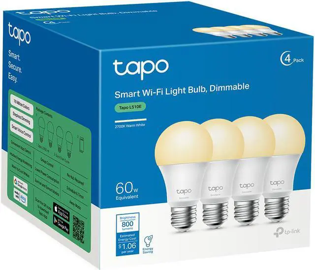 Alt view image 7 of 7 - TP-Link Tapo Smart Light Bulbs, 800 Lumens (60W Equivalent), 2700K Soft Warm White LED Bulb, Dimmable, Compatible with Alexa and Google Home, No Hub Required, A19 E26, Tapo L510E(4-Pack)