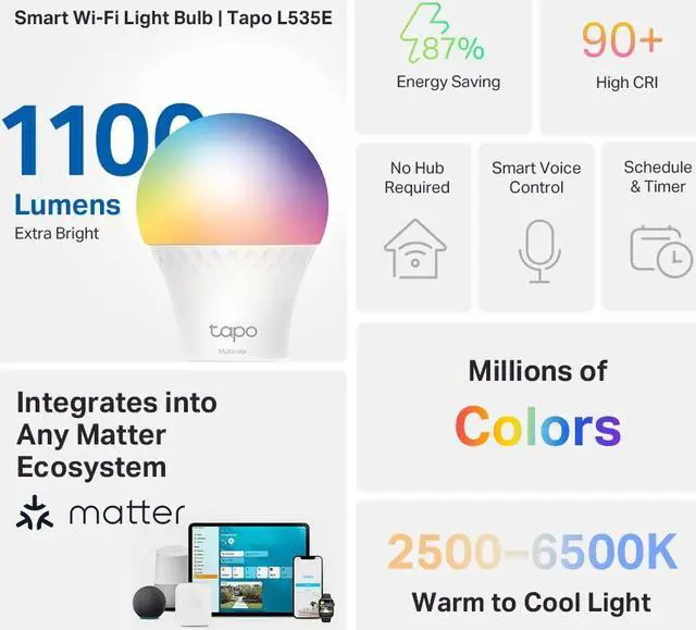 Alt view image 2 of 8 - TP-LINK Tapo L535E Smart WiFi Light Bulb, Matter-Certified, Multicolor | Pack of 2