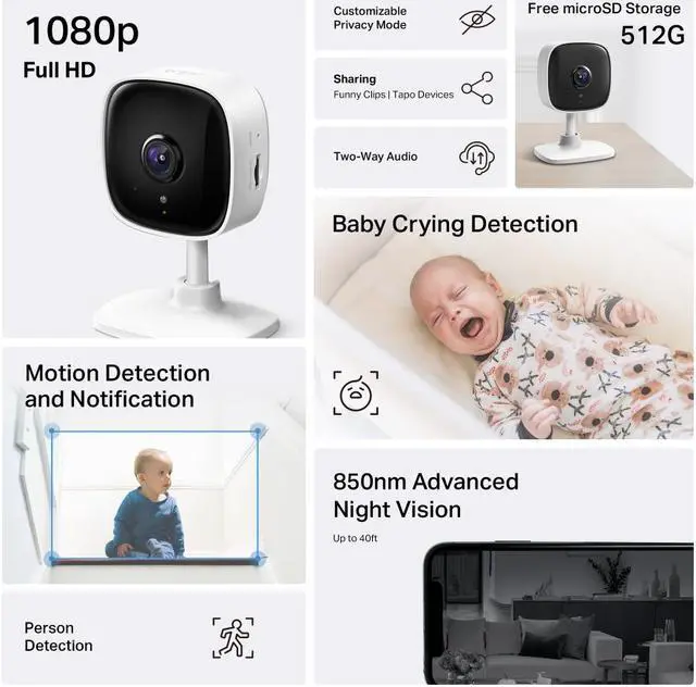 Alt view image 2 of 6 - TP-Link Tapo Smart Home Security WiFi Camera, Records in 1080p (Full HD) | Up to 40 ft Night Vision | Up to 512 GB microSD Card Slot | C100(4-Pack)