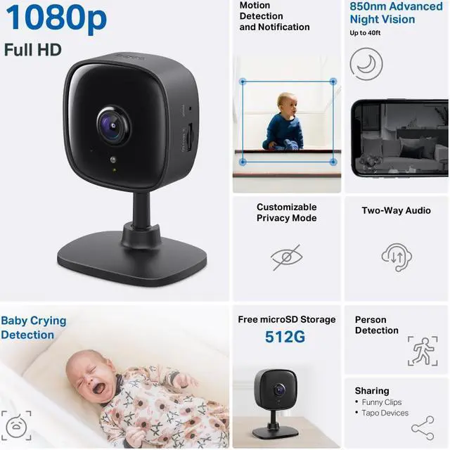 Alt view image 2 of 6 - TP-Link Tapo Smart Home Security WiFi Camera, Records in 1080p (Full HD) | Up to 40 ft Night Vision | Up to 512 GB microSD Card Slot | Works w/Alexa and Google (Tapo C101)