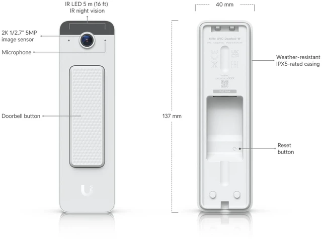 Alt view image 2 of 8 - Ubiquiti UniFi Protect Doorbell Lite, 5MP PoE Video Doorbell Camera, Two-Way Audio, IR Night Vision, IPX5, White (UVC-DOORBELL-LITE-W)