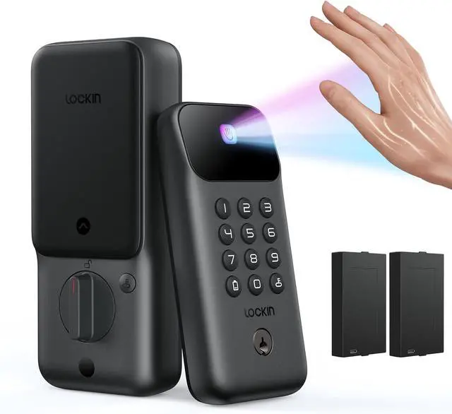 Main image of Lockin Veno Go - Smart Lock - Palm Vein Keyless Entry Door Lock - 5 Unlock Methods, Built-in WiFi, Smart-Home Compatible - Front Door Security - 14-Month Battery - Dual Batteries