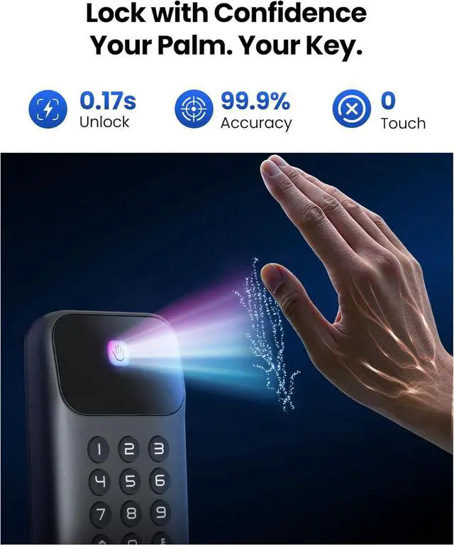 Alt view image 3 of 8 - Lockin Veno Go - Smart Lock - Palm Vein Keyless Entry Door Lock - 5 Unlock Methods, Built-in WiFi, Smart-Home Compatible - Front Door Security - 14-Month Battery - Dual Batteries