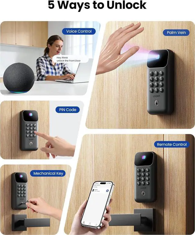 Alt view image 6 of 8 - Lockin Veno Go - Smart Lock - Palm Vein Keyless Entry Door Lock - 5 Unlock Methods, Built-in WiFi, Smart-Home Compatible - Front Door Security - 14-Month Battery - Dual Batteries