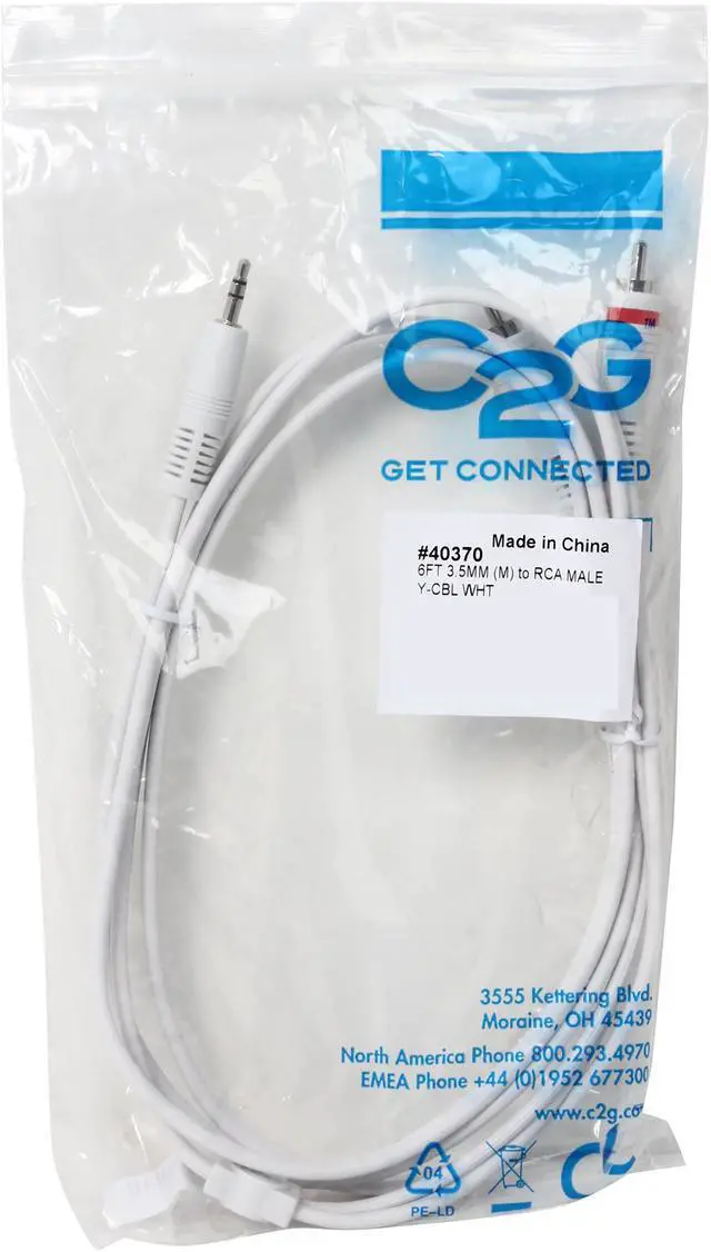 Alt view image 3 of 3 - C2G 40370 One 3.5mm Stereo Male to Two RCA Stereo Male Audio Y-Cable, White (6 Feet, 1.82 Meters)