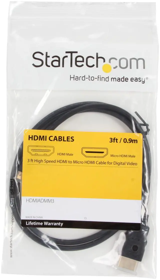 Alt view image 3 of 3 - StarTech.com HDMIADMM3 3 ft. Black High Speed HDMI® Cable with Ethernet Male to Male