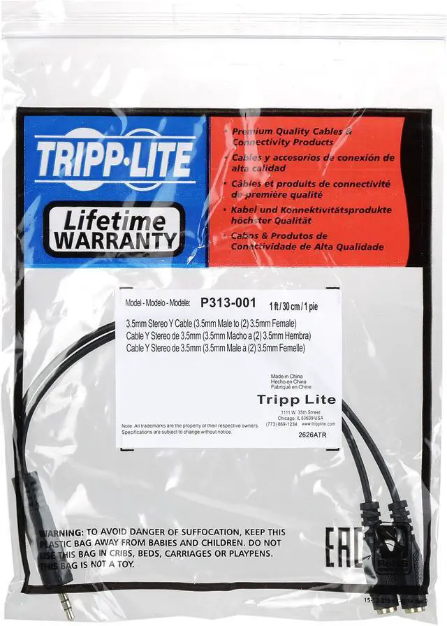 Alt view image 3 of 3 - Tripp Lite P313-001 12" Mini Stereo 3.5mm Dubbing Cable Y Adapter Male to Female