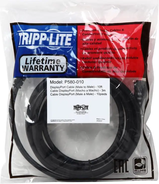 Alt view image 3 of 3 - Tripp Lite DisplayPort Cable with Latches (M/M), DP, 4K x 2K, 10-ft. (P580-010)