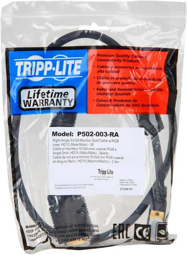 Alt view image 3 of 3 - Tripp Lite P502-003-RA 3 ft. SVGA/VGA Monitor Cable with RGB Coax (HD15M to Right-angle M)