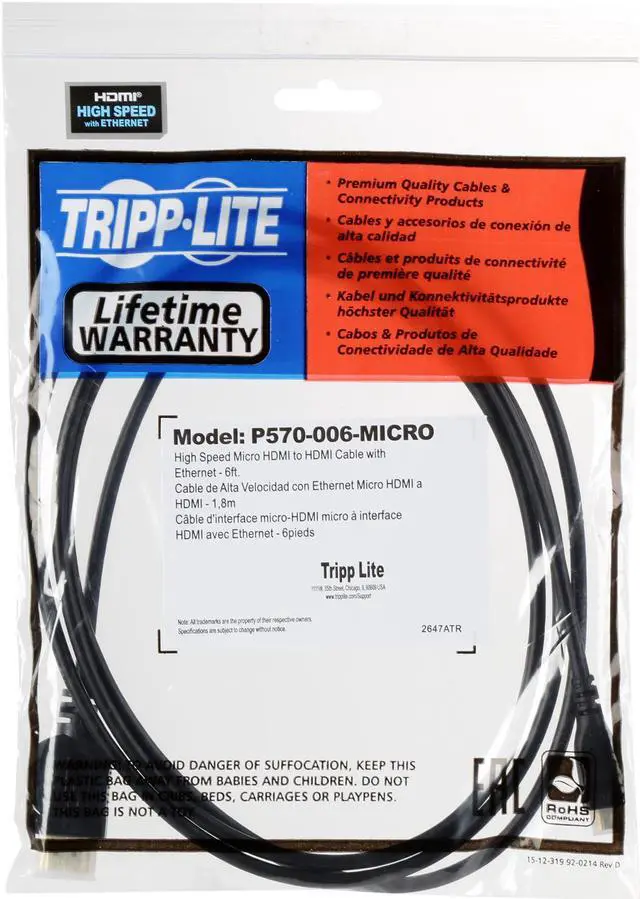 Alt view image 2 of 2 - Tripp Lite P570-006-MICRO 6 ft. Black HDMI to Micro HDMI High Speed w/Ethernet Video / Audio cable Male to Male