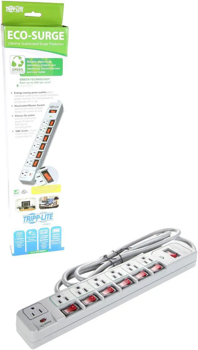 Alt view image 7 of 6 - Tripp Lite 7-Outlet Surge Protector Power Strip, 6 Feet Cord, 1080 Joules, Individually-Controlled Outlets (TLP76MSG)