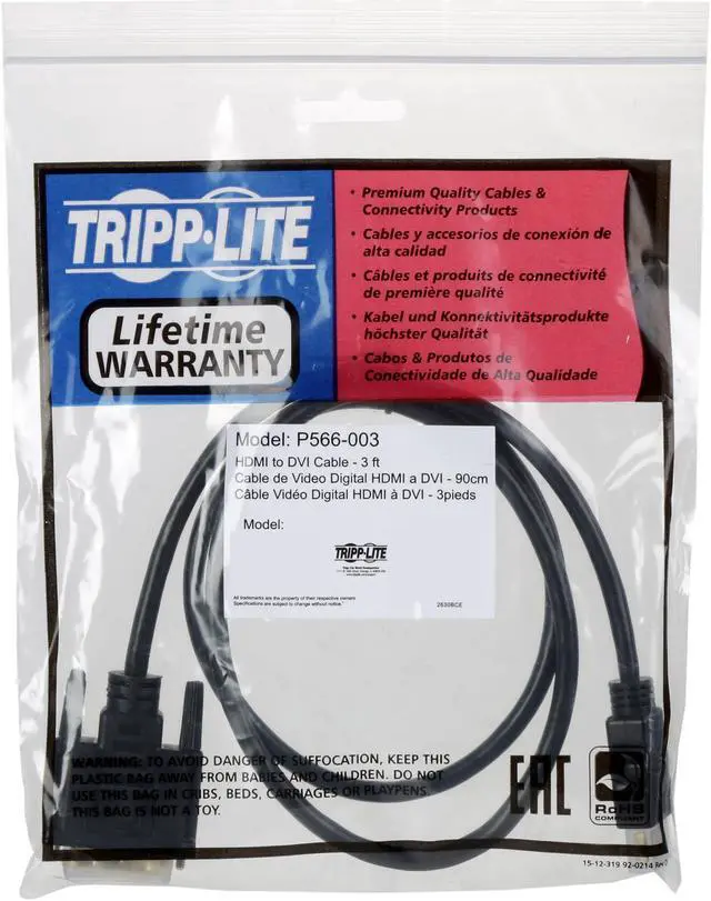 Alt view image 3 of 3 - Tripp Lite P566-003 HDMI to DVI Cable, Digital Monitor Adapter Cable (HDMI to DVI-D M/M), 1080P, 3-ft.