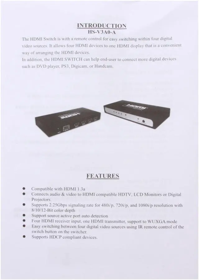 Alt view image 8 of 9 - FuchiComm HS-V3A0-A 4 Port HDMI v1.3 Switch w/ Gold Plated Port & IR Remote