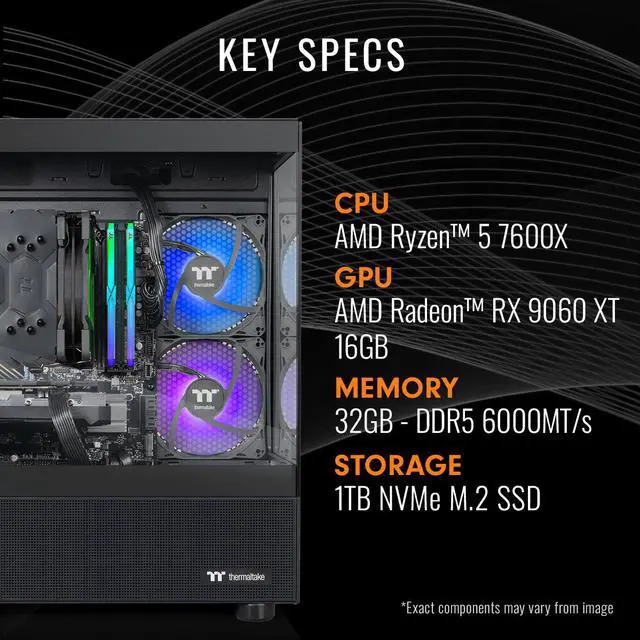 Alt view image 2 of 7 - Thermaltake Gaming Desktop PC V17B-B650-96X-LCS AMD Ryzen 5 7600X 32GB DDR5 1TB NVMe SSD AMD Radeon RX 9060 XT Windows 11 Home