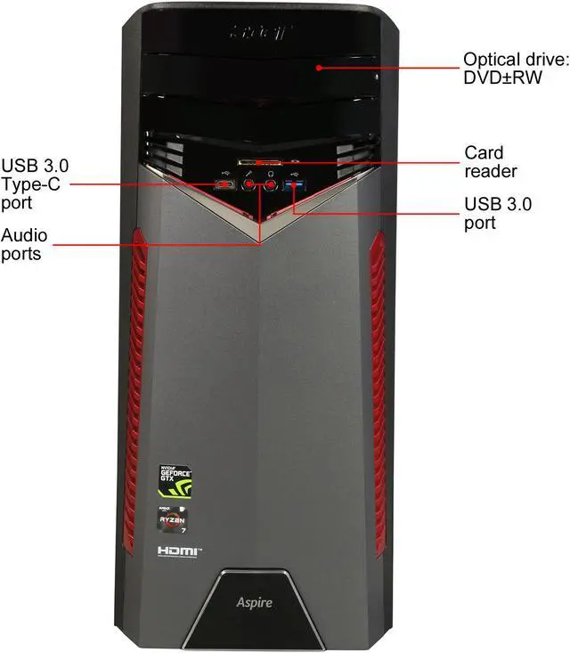 Alt view image 2 of 9 - Acer Desktop Computer Aspire GX-281-UR14 AMD Ryzen 7 1700X 16GB DDR4 2TB HDD 256GB SSD GeForce GTX 1070 Windows 10 Home 64-Bit