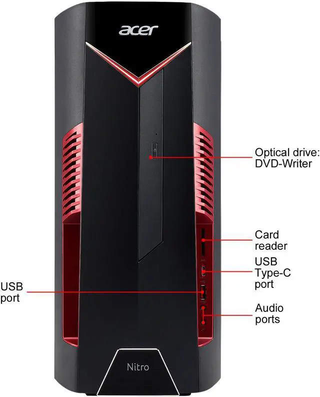 Alt view image 6 of 7 - Acer Gaming Desktop Nitro 50 N50-600-UR15 Intel Core i5-8400 8GB DDR4 1TB HDD 16 GB Optane Memory AMD Radeon RX 580 Windows 10 Home 64-bit