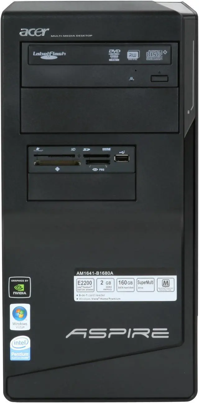 Alt view image 3 of 20 - Acer Desktop PC Aspire AM1641-B1680A Intel Pentium E2200 2GB DDR2 160GB HDD NVIDIA GeForce 7050 Windows Vista Home Premium