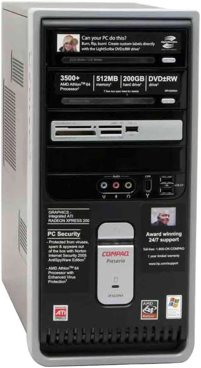 Alt view image 2 of 17 - COMPAQ Desktop PC Presario SR1630NX(ED878AA) 3500+(2.20 GHz) 512MB DDR 200GB HDD ATI Radeon Xpress 200 Integrated Windows XP Home