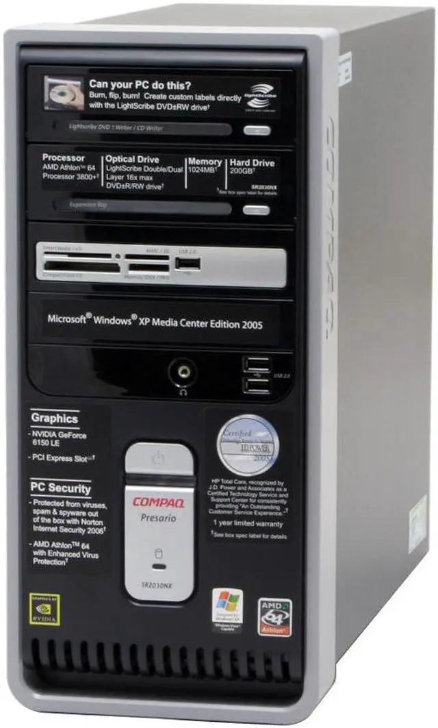 Alt view image 3 of 17 - COMPAQ Desktop PC Presario SR2030NX(RJ036AA) 3800+ (2.00 GHz) 1GB DDR2 200GB HDD NVIDIA GeForce 6150 LE Windows XP Media Center