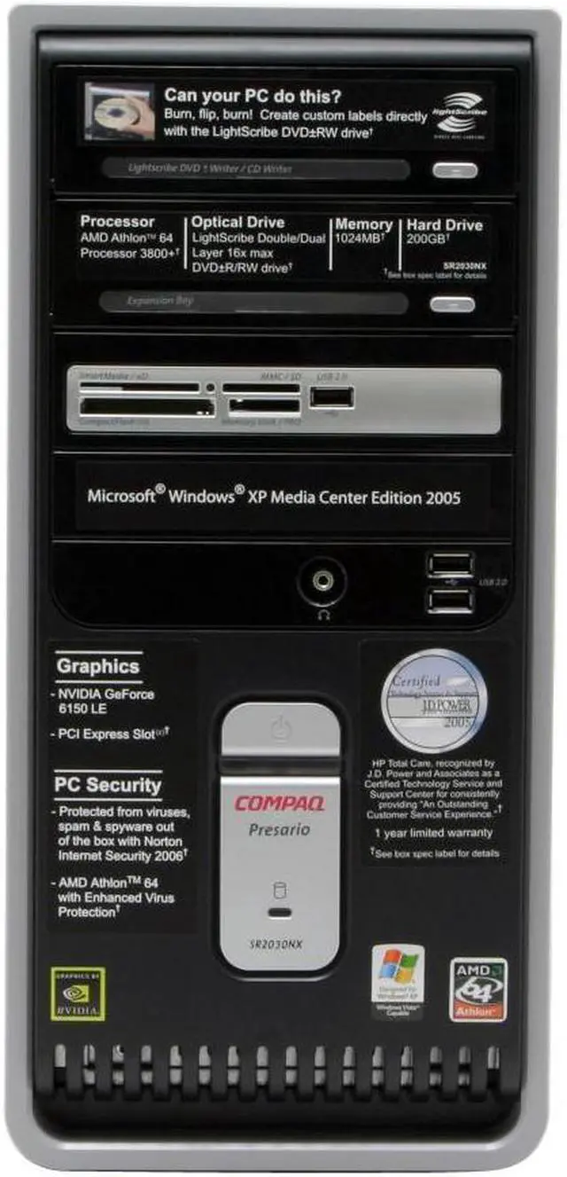 Alt view image 4 of 17 - COMPAQ Desktop PC Presario SR2030NX(RJ036AA) 3800+ (2.00 GHz) 1GB DDR2 200GB HDD NVIDIA GeForce 6150 LE Windows XP Media Center