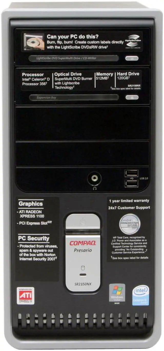 Alt view image 4 of 18 - COMPAQ Desktop PC Presario SR2150NX(RR790AA) Intel Celeron D 356 512MB DDR2 120GB HDD ATI Radeon Xpress 1100 Integrated Windows Vista Home Basic