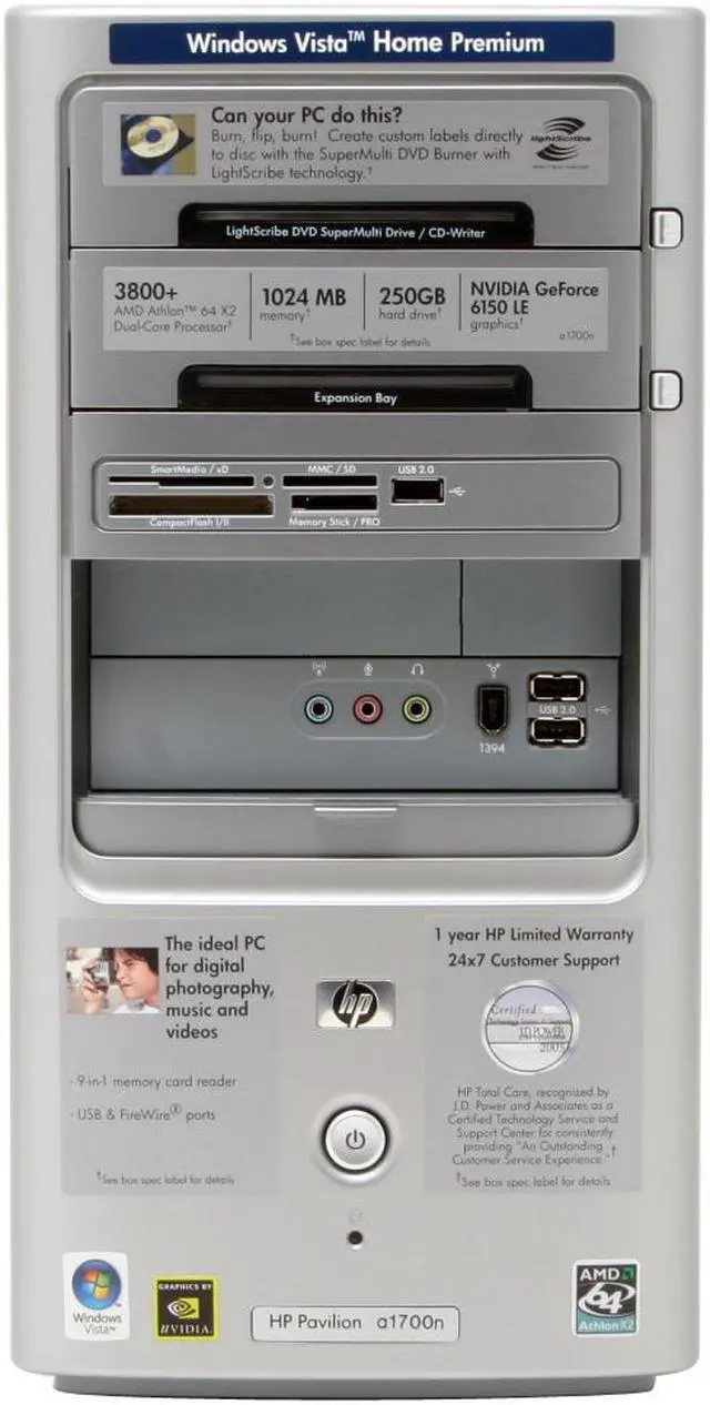 Alt view image 3 of 13 - HP Desktop PC Pavilion a1700n(RK572AA) 3800+ (2.00 GHz) 1GB DDR2 250GB HDD NVIDIA GeForce 6150 LE Windows Vista Home Premium