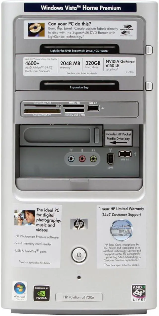 Alt view image 3 of 14 - HP Desktop PC Pavilion a1730n(RK574AA) 4600+ 2GB DDR2 320GB HDD NVIDIA GeForce 6150 LE Windows Vista Home Premium