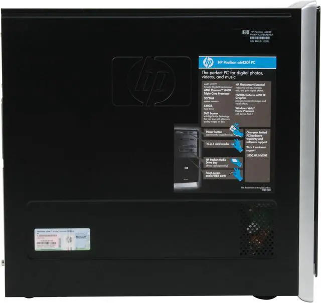 Alt view image 5 of 12 - HP Desktop PC Pavilion A6430F(KJ378AA) AMD Phenom X3 8400 3GB DDR2 640GB HDD NVIDIA GeForce 6150 SE Windows Vista Home Premium