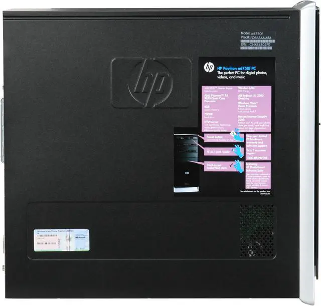 Alt view image 6 of 18 - HP Desktop PC Pavilion A6750F(FQ563AA) AMD Phenom X4 9650 8GB DDR2 750GB HDD ATI Radeon HD 3200 Windows Vista Home Premium 64-bit