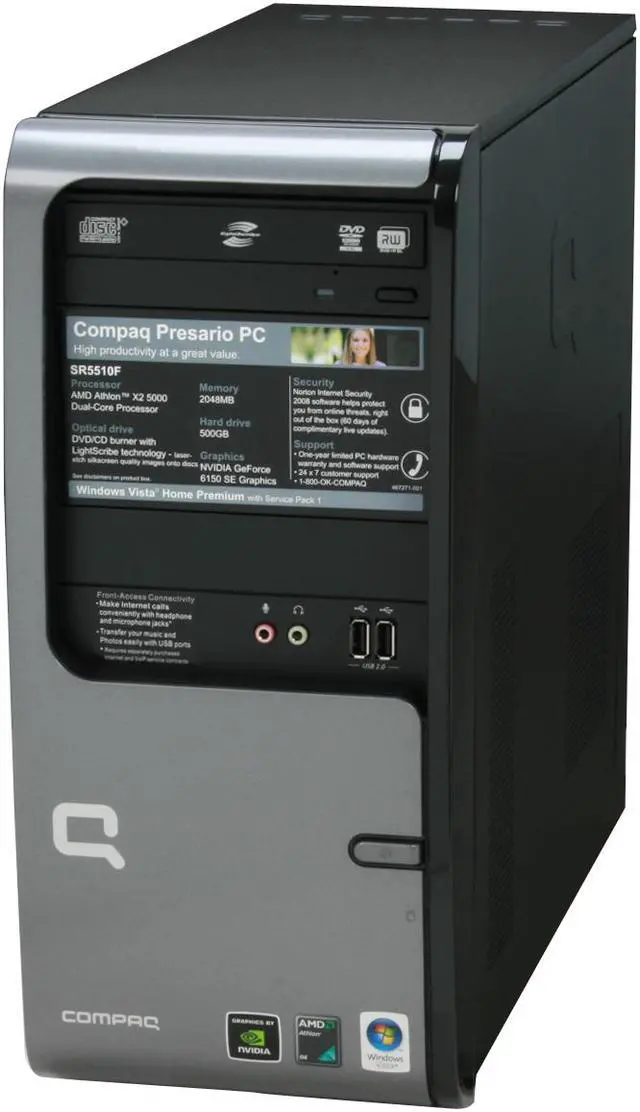 Alt view image 4 of 19 - COMPAQ Desktop PC Presario SR5510F(KQ513AA) 5000+ 2GB DDR2 500GB HDD NVIDIA GeForce 6150 SE Windows Vista Home Premium