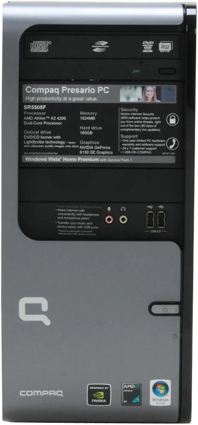 Alt view image 3 of 19 - COMPAQ Desktop PC Presario SR5505F(KT526AA) 4200+ 1GB DDR2 160GB HDD NVIDIA GeForce 6150 SE Windows Vista Home Premium