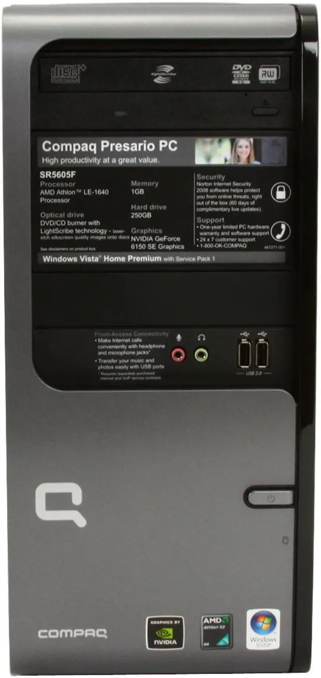 Alt view image 3 of 19 - COMPAQ Desktop PC Presario SR5605F(FK587AA) AMD Athlon 64 LE-1640 1GB DDR2 250GB HDD NVIDIA GeForce 6150 SE Windows Vista Home Premium