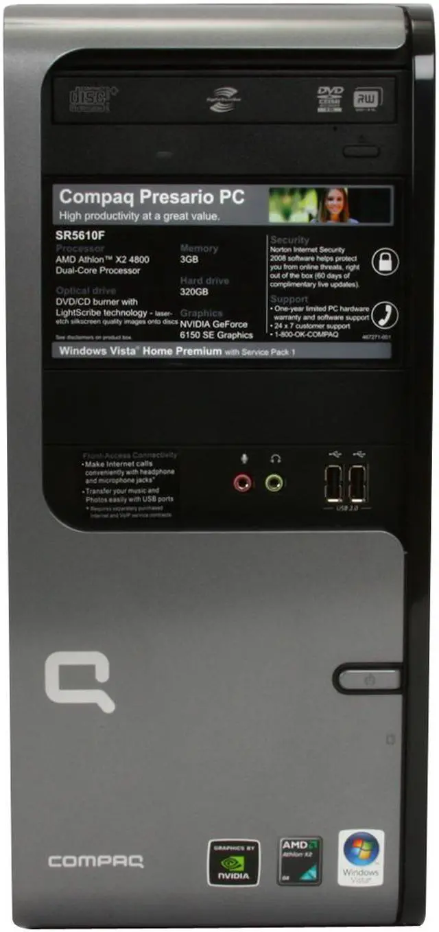Alt view image 3 of 19 - COMPAQ Desktop PC Presario SR5610F(FK586AA) 4800+ 3GB DDR2 320GB HDD NVIDIA GeForce 6150 SE Windows Vista Home Premium